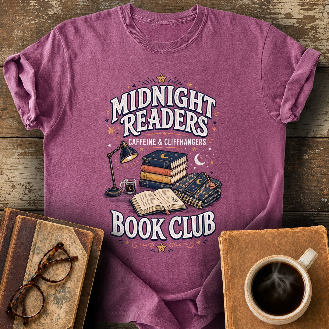 Midnight Readers Caffeine and Cliffhangers Tee - berry shirt mockup